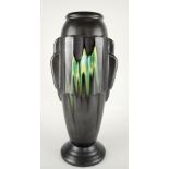 Faiencerie Thulin Belgian Art Deco vase of architectural form with green drip glaze, Airain series,