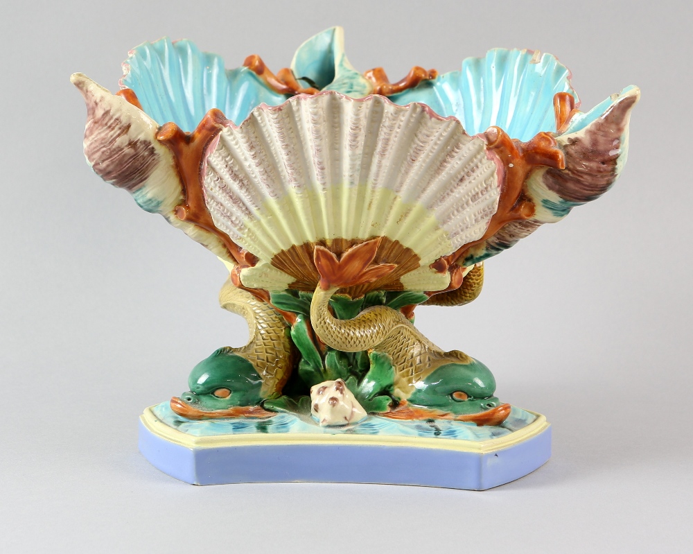 Royal Worcester majolica centrepiece bowl, modelled as shells supported by dolphins, circa 1860, - Image 2 of 8