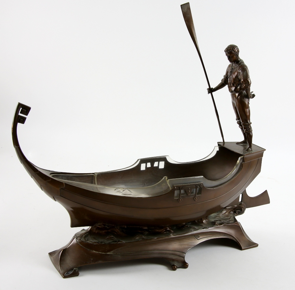 WMF, a large centrepiece in the form of a gondola with gondolier, bronze finish, stamped marks to - Image 3 of 7