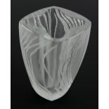 A modern Lalique ‘Yasna’ vase with satin finish and linear pattern, etched ‘Lalique France’ to base,
