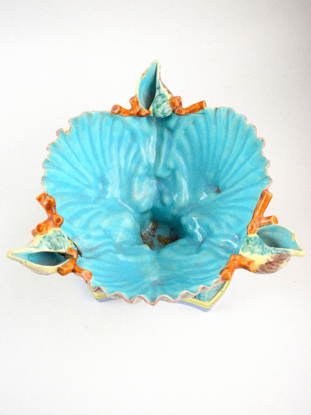 Royal Worcester majolica centrepiece bowl, modelled as shells supported by dolphins, circa 1860, - Image 5 of 8