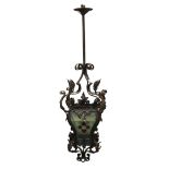 Wrought iron and stained glass porch lantern, the lead glazed panels with jewelled centres, 120cm.