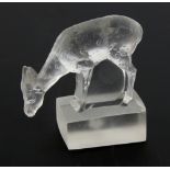 Renee Lalique glass paperweight figure of a deer, moulded mark, R Lalique France, on frosted glass