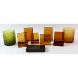 Whitefriars Geoffrey Baxter textured bark tumbler glasses in coloured orange and green glass, and