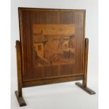 Early 20th C marquetry scene of a harbour, unsigned, 38 x 35 cm, in oak frame, 77 x 68 cm .