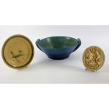 Three items of Compton pottery, a bowl with twin scroll handles, green over blue glaze, impressed