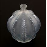 R Lalique, a Malines pattern solifleur vase, with leaf decoration and blue staining, engraved