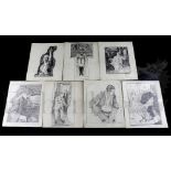 † A group of seven 1930's original professional hand drawn pencil artworks on card of various film