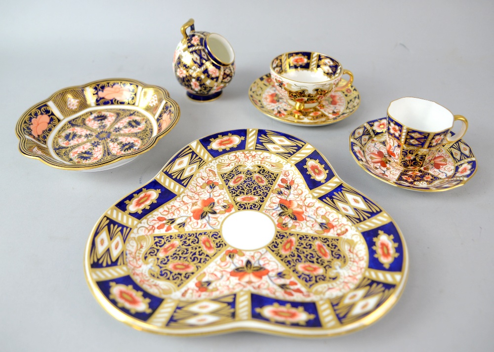 Royal Crown Derby Imari pattern china including trefoil plate, scuttle, lobed dish, two cups and