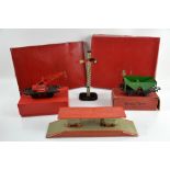 A Hornby Trains 0 gauge Crane Truck No.1, Hopper Wagon, CA1 acute-angle crossing and points, all