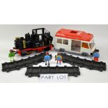 Play mobile, trains, rolling stock, figures and track.