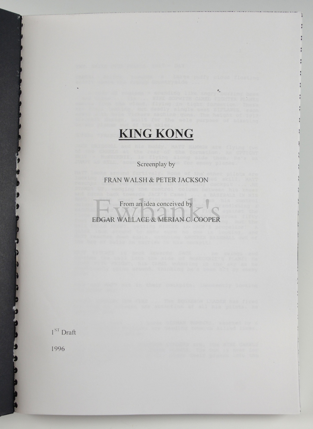 King Kong (1996) A copy of the script, first draft, by Peter Jackson and Fran Walsh, 107 pages,