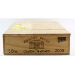 6 bottles of Pavillon Rouge de Chateau Margaux, 2008 vintage red wine, sealed in original wooden