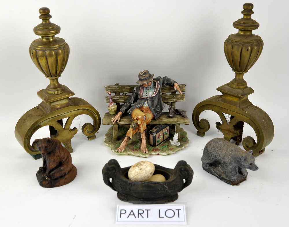 Brass fine guards, ceramic pots & bears (2 shelves).