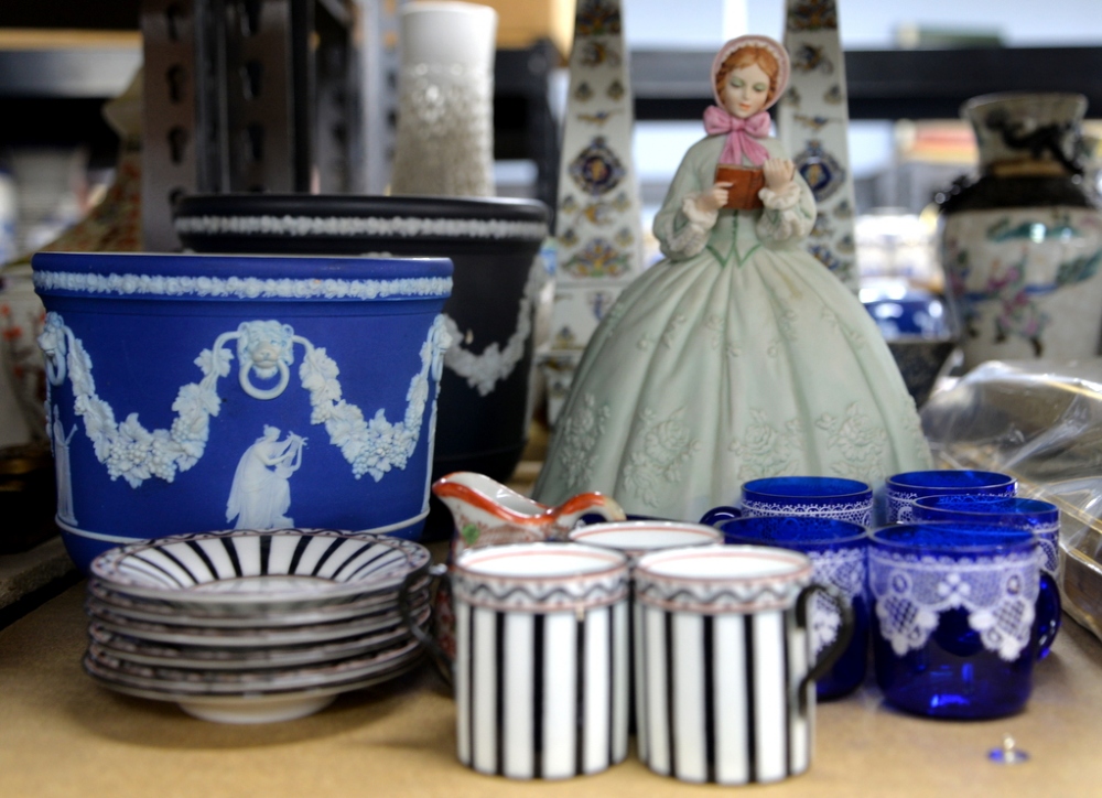 Coalport coffee cans and saucers black stripe on white ground, Rgd no 646573, and cobalt glass - Image 2 of 2