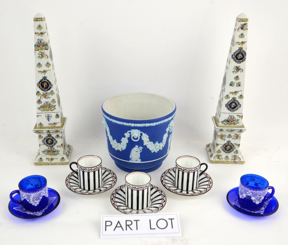 Coalport coffee cans and saucers black stripe on white ground, Rgd no 646573, and cobalt glass