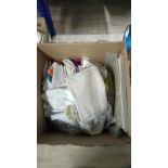 1 LARGE BOX TABLE CLOTHS ETC .