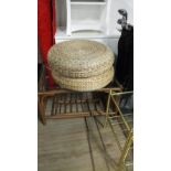 GLASS/CANE COFFEE TABLE & 2 ROUND WICKER SEATS