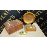 CARVED INLAID WOOD JEWELLERY BOX, BOWL,