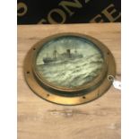 BRASS SHIPS PORTHOLE incorporating a picture of a ship in distress behind glass (chips on glass