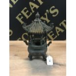 CHINESE BRONZE INCENSE BURNER 'CENSER' with tiled effect roof supported by 6 coiled dragon pillars