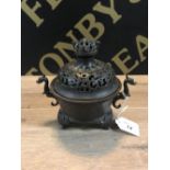 CHINESE BRONZE INCENSE BURNER 'CENSER' with pierced lid,