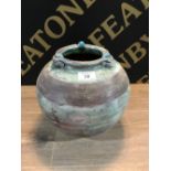 DRYMEN STUDIO POTTERY VASE with incised banding & turquoise green glaze and signed Alice,