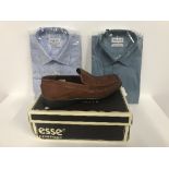 1 PAIR OF ESSE 306 TAN SHOES & 2 SHIRTS (17")