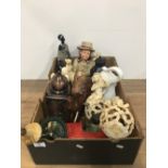 LARGE BOX OF ASSORTED ITEMS INCLUDING VINTAGE CAR FIGURE