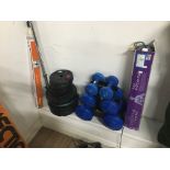 LARGE LOT OF EXERCISE EQUIPMENT (6) INCLUDING BENCH PRESS BAR & WEIGHTS