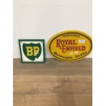 2 X RETRO SIGNS INCLUDING ROYAL ENFIELD MOTORCYCLE