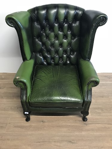 GREEN LEATHER BUTTON BACK ARMCHAIR