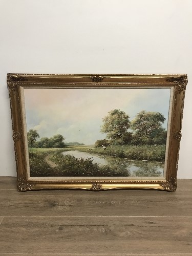 T MERCIER OIL PAINTING ON CANVAS TWO BOYS FISHING BY RIVER 75 X 49CM