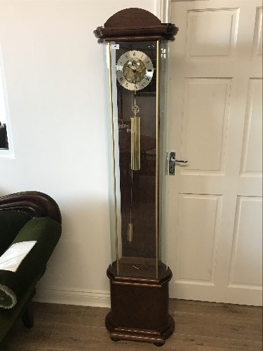 MODERN LONGCASE SKELETON CLOCK IN GLASS CASE BY HERMLE 186CM HIGH