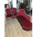CARVED WOOD CHAISE LONGUE 170CM LONG AND 2 ARMCHAIRS