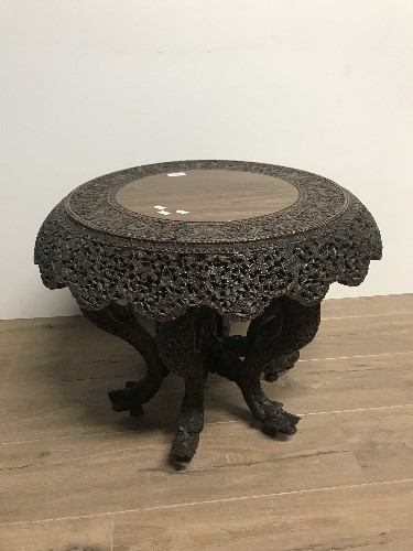 BEAUTIFULLY CARVED LATE 19THC ASIAN ROSEWOOD TEA TABLE WITH 6 CARVED SERPENT LEGS AND BIRD FINIAL