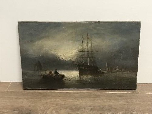 19THC OIL PAINTING ON CANVAS SHIP AT ANCHOR WITH FISHERMEN IN FOREGROUND INDISTINCTLY SIGNED LOWER