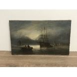 19THC OIL PAINTING ON CANVAS SHIP AT ANCHOR WITH FISHERMEN IN FOREGROUND INDISTINCTLY SIGNED LOWER