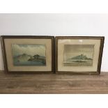 W BAKER 1865-1938 PAIR OF WATERCOLOUR PAINTINGS BAMBURGH CASTLE & SCOTTISH LOCH SIGNED LOWER LEFT