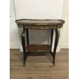 REPRODUCTION FRENCH STYLE KIDNEY SHAPE 2 TIER TABLE WITH METAL GALLERY AND MOUNTS 80CM WIDE X 75CM