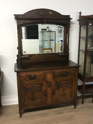 ARTS AND CRAFTS MIRROR BACK SIDEBOARD WITH CARVED PANEL DOORS 122CM WIDE