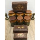 LOT OF HAND CARVED BOXES & TEA COFFEE & SUGAR POTS