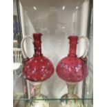 2 VICTORIAN ANTIQUE CRANBERRY GLASS DECANTERS (DAM)