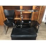 2 BLACK GLASS TABLES TV STAND OTTOMAN & 4 STACKING CHAIRS