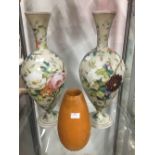 2 VICTORIAN ANTIQUE PAINTED MILK GLASS VASES & 1 OTHER