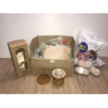 SHELBY LANE BEAR BRIDGET & BOX OF SEWING ITEMS