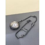 ANTIQUE SILVER FOB WATCH ON A FANCY ANTIQUE ALBERT CHAIN