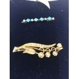 2 15CT BAR BROOCHES SET PEARL AND TURQUOISE DIAMOND