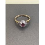 9CT YELLOW GOLD RUBY AND DIAMOND CLUSTER RING