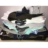 BOX OF BRAND NEW MENS CLOTHES PANTS AND SOCKS ETC